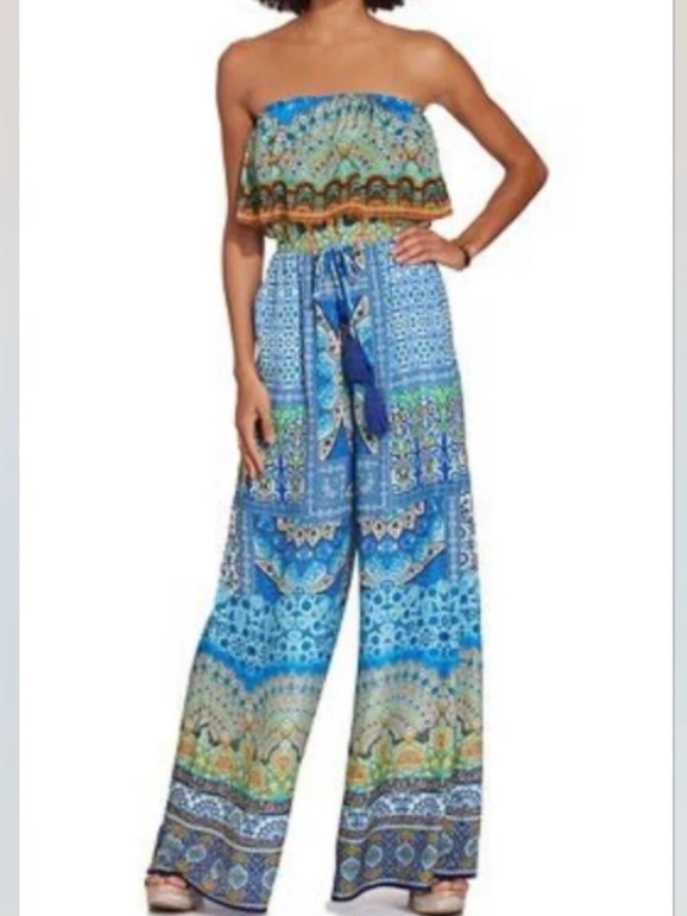 Shahida Parides Bohemian Silk Print WIde Leg Strapless Jumpsuit M/L